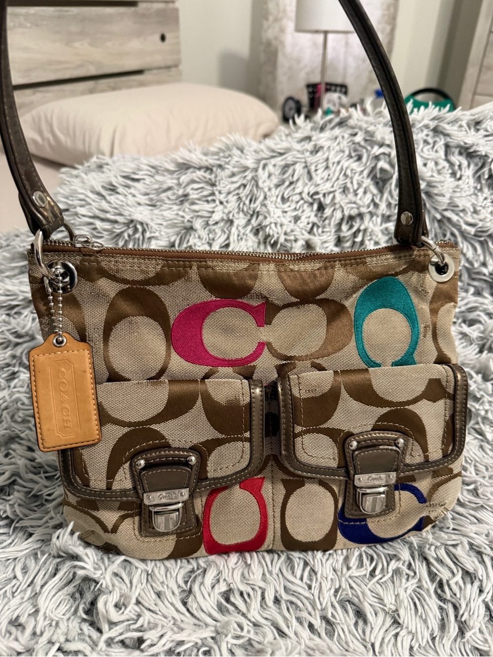 Coach Signature Canvas Shoulder Bag in Tan with Color Accents